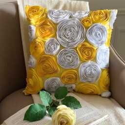 Yellow Art Silk Ribbon Embroidered Rose Throw Pillow Cover, Modern Cushion Cover - Sunny Blooms - thumbnail 2