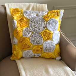 Yellow Art Silk Ribbon Embroidered Rose Throw Pillow Cover, Modern Cushion Cover - Sunny Blooms - thumbnail 1