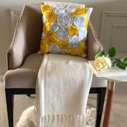 Yellow Art Silk Ribbon Embroidered Rose Throw Pillow Cover, Modern Cushion Cover - Sunny Blooms - thumbnail 3
