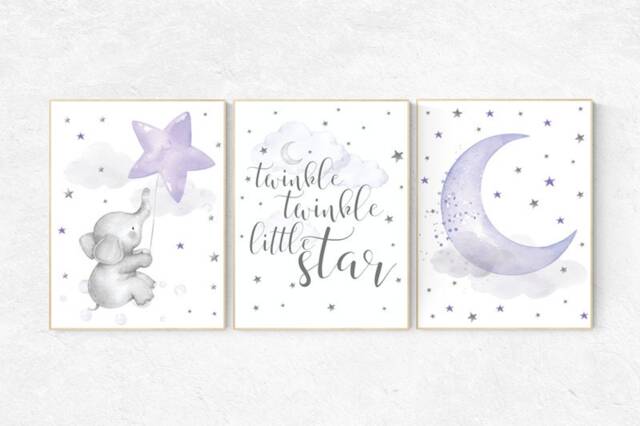 Elephant Nursery Decor Purple, Gray, Lilac, Twinkle Star Art Print - image 1