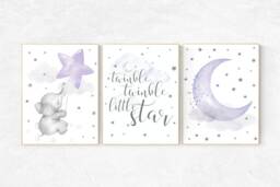 Elephant Nursery Decor Purple, Gray, Lilac, Twinkle Star Art Print - thumbnail 1