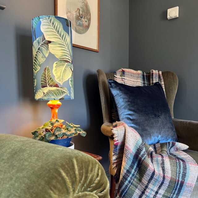 Nicobar Velvet Cylinder Lampshade, Extra Tall Lampshade Palm Leaves Midnight Forest Velvet - image 1