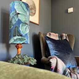 Nicobar Velvet Cylinder Lampshade, Extra Tall Lampshade Palm Leaves Midnight Forest Velvet - thumbnail 2