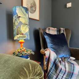 Nicobar Velvet Cylinder Lampshade, Extra Tall Lampshade Palm Leaves Midnight Forest Velvet - thumbnail 1