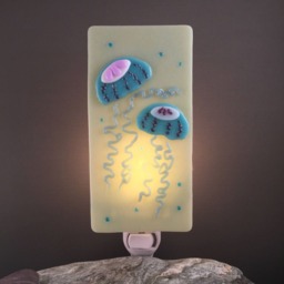 Double Jellyfish Hand-Crafted Turquoise, White, Purple Glass Night Light On French Vanilla - thumbnail 2