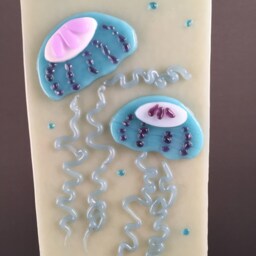 Double Jellyfish Hand-Crafted Turquoise, White, Purple Glass Night Light On French Vanilla - thumbnail 3