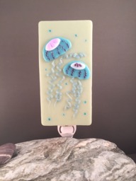Double Jellyfish Hand-Crafted Turquoise, White, Purple Glass Night Light On French Vanilla - thumbnail 1