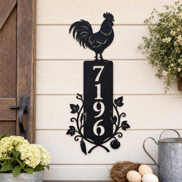 Custom Rooster Metal House Number Sign, Farmhouse Address Plaque With Vegetable Vine, Personalized Iron Home Wall Decor - image 1