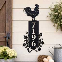 Custom Rooster Metal House Number Sign, Farmhouse Address Plaque With Vegetable Vine, Personalized Iron Home Wall Decor - thumbnail 1