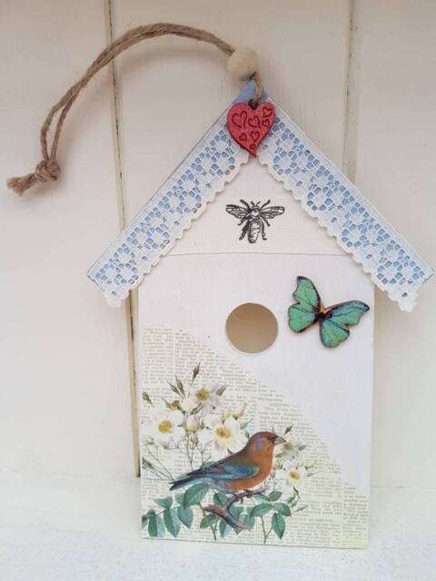 Rustic Birdhouse Wall Hanging, Floral Decoupage, New Home Gift - image 1