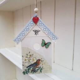 Rustic Birdhouse Wall Hanging, Floral Decoupage, New Home Gift - thumbnail 2