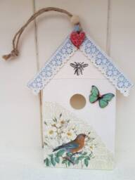 Rustic Birdhouse Wall Hanging, Floral Decoupage, New Home Gift - thumbnail 1