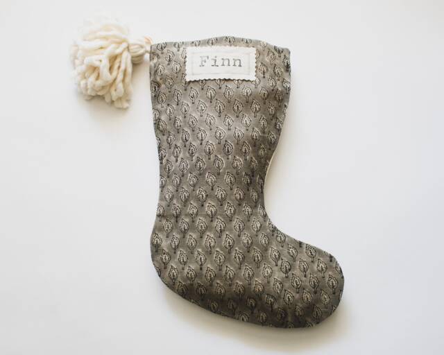 Gray Blockprint Christmas Stockings, Vintage Inspired Holiday Stocking, Modern Farmhouse Stocking With Pom Pom, Neutral Block Print - image 1