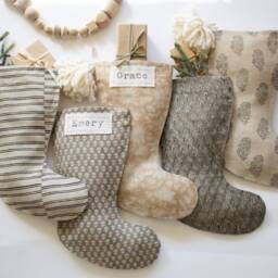 Gray Blockprint Christmas Stockings, Vintage Inspired Holiday Stocking, Modern Farmhouse Stocking With Pom Pom, Neutral Block Print - thumbnail 3