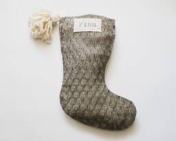 Gray Blockprint Christmas Stockings, Vintage Inspired Holiday Stocking, Modern Farmhouse Stocking With Pom Pom, Neutral Block Print - thumbnail 1