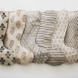 Gray Blockprint Christmas Stockings, Vintage Inspired Holiday Stocking, Modern Farmhouse Stocking With Pom Pom, Neutral Block Print - thumbnail 2