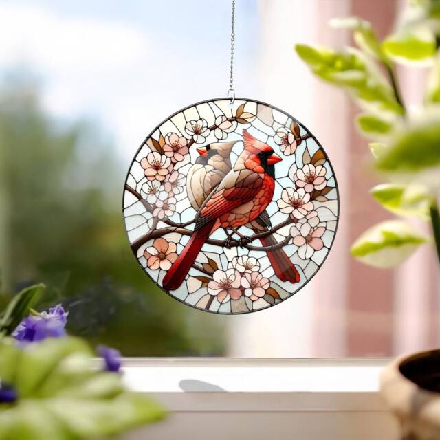 Cardinal Loverbirds Faux Stained Glass Acrylic Window Hanging - image 1