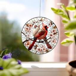 Cardinal Loverbirds Faux Stained Glass Acrylic Window Hanging