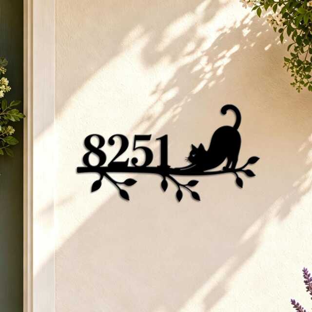 Custom Cat On Branch Metal Address Sign, Personalized House Number Plaque, Kitty Silhouette Front Door Wall Decor - image 1