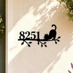 Custom Cat On Branch Metal Address Sign, Personalized House Number Plaque, Kitty Silhouette Front Door Wall Decor
