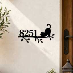 Custom Cat On Branch Metal Address Sign, Personalized House Number Plaque, Kitty Silhouette Front Door Wall Decor - thumbnail 2