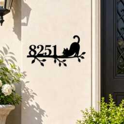 Custom Cat On Branch Metal Address Sign, Personalized House Number Plaque, Kitty Silhouette Front Door Wall Decor - thumbnail 4