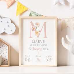 Personalised New Baby Girl Birth Details Print Floral Nursery Keepsake, Newborn Gift, Grandchild - thumbnail 1