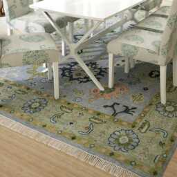 Handmade Wool Oushak Rug, Comet Gray, Swamp Green Border Ar_3812 - thumbnail 3