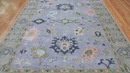 Handmade Wool Oushak Rug, Comet Gray, Swamp Green Border Ar_3812 - thumbnail 1