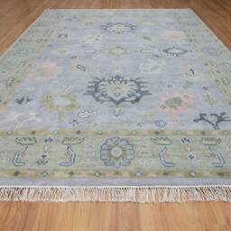 Handmade Wool Oushak Rug, Comet Gray, Swamp Green Border Ar_3812 - thumbnail 2