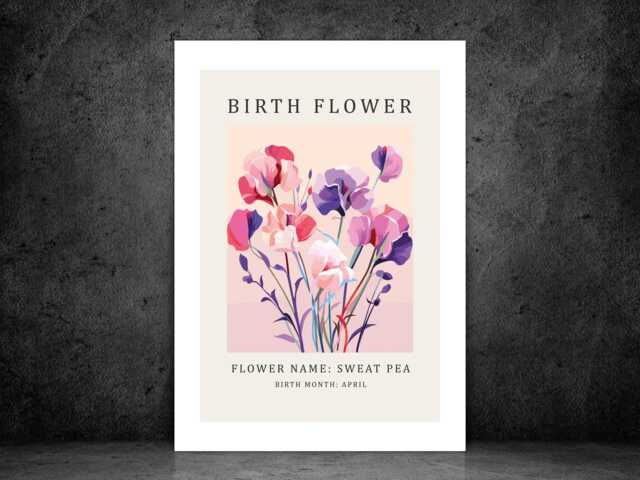 Birth Flower Print April Sweet Pea - Birthday Month Poster Botanical Wall Art Gift Idea A5 A4 A3 Framed Or Unframed - image 1