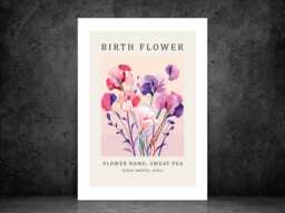 Birth Flower Print April Sweet Pea - Birthday Month Poster Botanical Wall Art Gift Idea A5 A4 A3 Framed Or Unframed - thumbnail 1