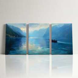 Norwegian Fjord Fishing Boat 3 Panel Split Canvas Wall Art Nordic Landscape Impressionist Coastal Oil Painting Framed Home Decor - thumbnail 3