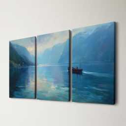 Norwegian Fjord Fishing Boat 3 Panel Split Canvas Wall Art Nordic Landscape Impressionist Coastal Oil Painting Framed Home Decor - thumbnail 1