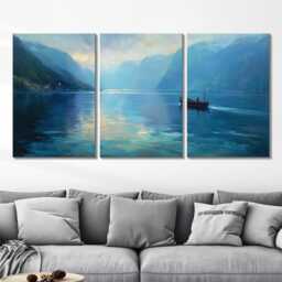Norwegian Fjord Fishing Boat 3 Panel Split Canvas Wall Art Nordic Landscape Impressionist Coastal Oil Painting Framed Home Decor - thumbnail 2