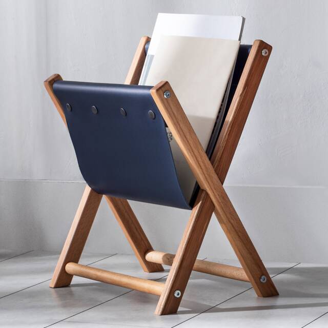 Leather & Wood Magazine Rack Navy Blue Newspaper File Organizer - image 1