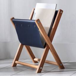 Leather & Wood Magazine Rack Navy Blue Newspaper File Organizer