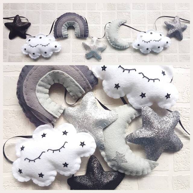 Monochrome Garland. Cloud Moon Stars & Rainbow Garland in Grey Black White. Wall Hanging, Bunting, Nursery. Grey Ombr?? Decor - image 1