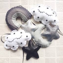 Monochrome Garland. Cloud Moon Stars & Rainbow Garland in Grey Black White. Wall Hanging, Bunting, Nursery. Grey Ombr?? Decor - thumbnail 2