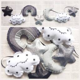 Monochrome Garland. Cloud Moon Stars & Rainbow Garland in Grey Black White. Wall Hanging, Bunting, Nursery. Grey Ombr?? Decor - thumbnail 1