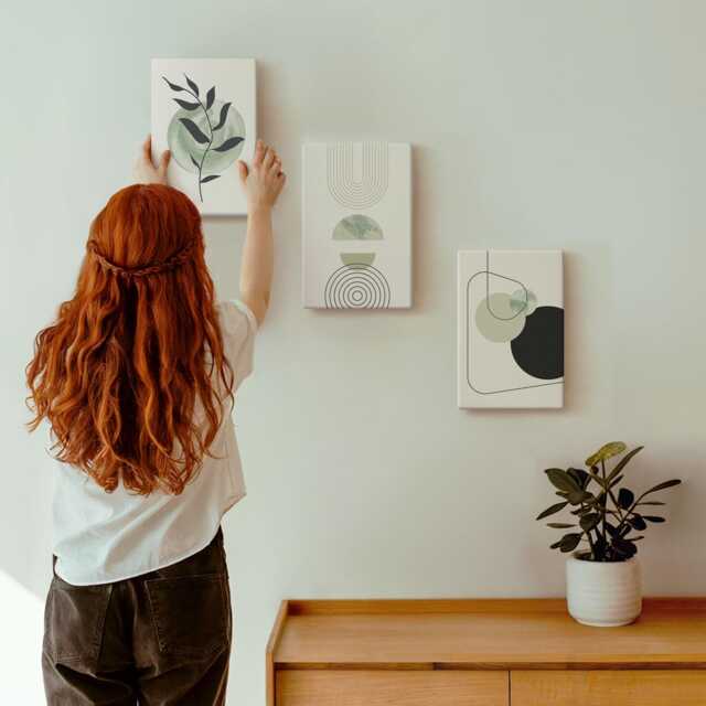 3 Piece Canvas Set - Shapes & Plant Motifs in Green, Green Large Wall Art, Abstract Decor - image 1