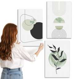 3 Piece Canvas Set - Shapes & Plant Motifs in Green, Green Large Wall Art, Abstract Decor - thumbnail 3