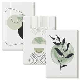 3 Piece Canvas Set - Shapes & Plant Motifs in Green, Green Large Wall Art, Abstract Decor - thumbnail 2