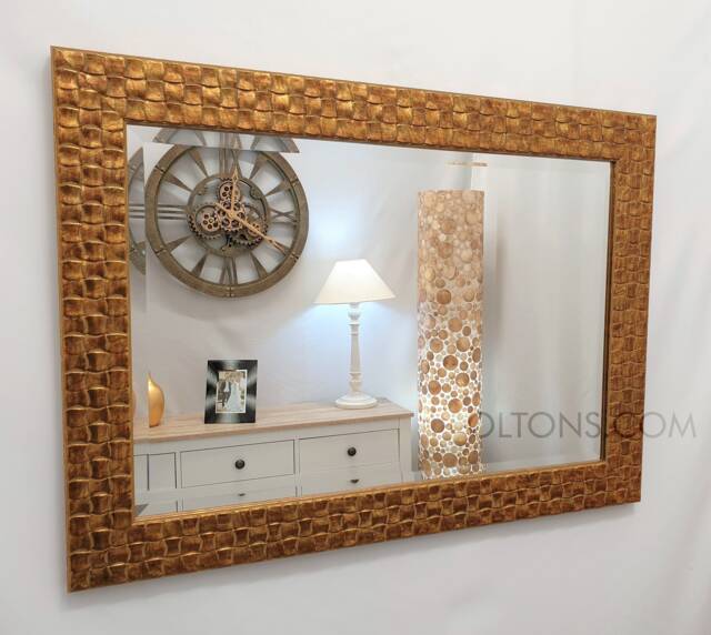 Wall Mirror Wood Square Mosaic Design Frame in Gold Colour Bevelled Edge 106x76cm - 42x30 Inches - image 1