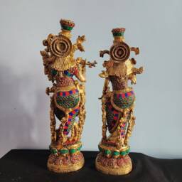 15 Inch Brass Radha Krishna Statue Mosaic Stone Inlay, Divine Couple Idol - thumbnail 4