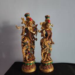 15 Inch Brass Radha Krishna Statue Mosaic Stone Inlay, Divine Couple Idol - thumbnail 2