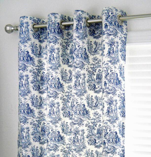 Toile Curtain Panel, Navy Blue Country Life, Blackout Lined Grommets - image 1