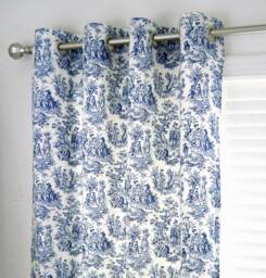 Toile Curtain Panel, Navy Blue Country Life, Blackout Lined Grommets - thumbnail 1