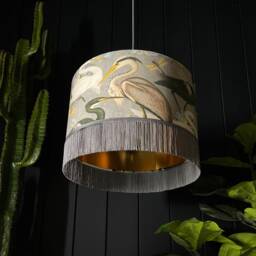 Grey Bird Song Heron Lampshade With Gold Lining & Fringing. Handmade To Order in 3 Sizes - thumbnail 1