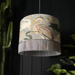 Grey Bird Song Heron Lampshade With Gold Lining & Fringing. Handmade To Order in 3 Sizes - thumbnail 2